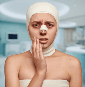 a woman with surgical bandages on head and painful expression on face