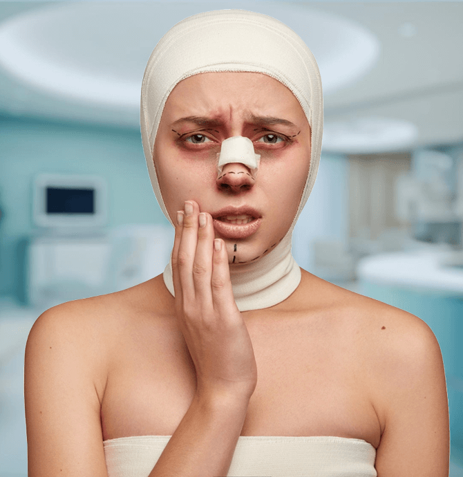 a woman with surgical bandages on head and painful expression on face