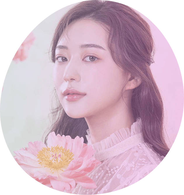 a beautiful korean girl with radiant skin in pink dress holding a pink flower