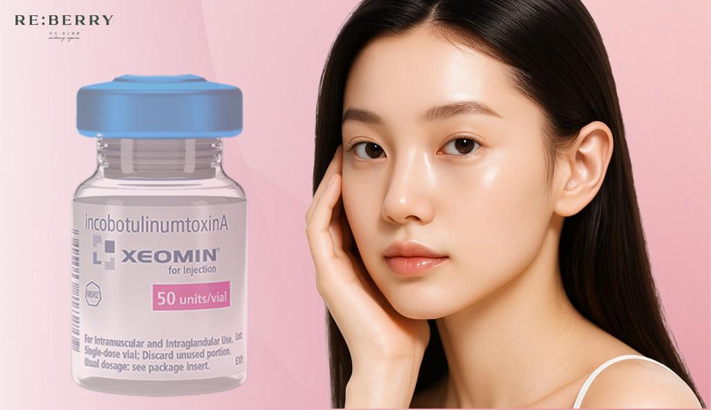 a girl with firm skin and long hair and a bottle of botulinum toxin aside