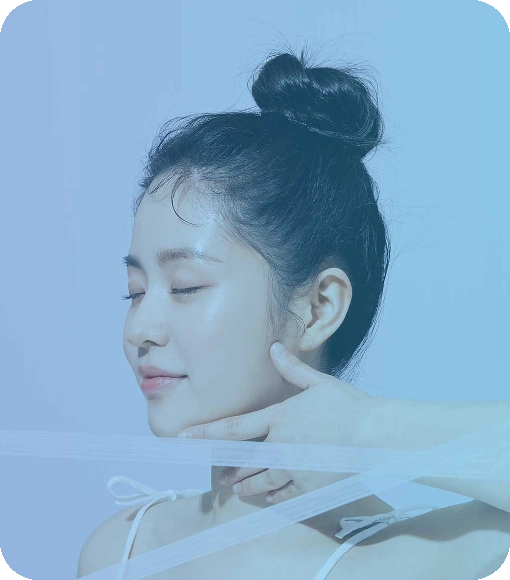 a girl with fresh and rejuvenated skin viewed from aside in bluish theme