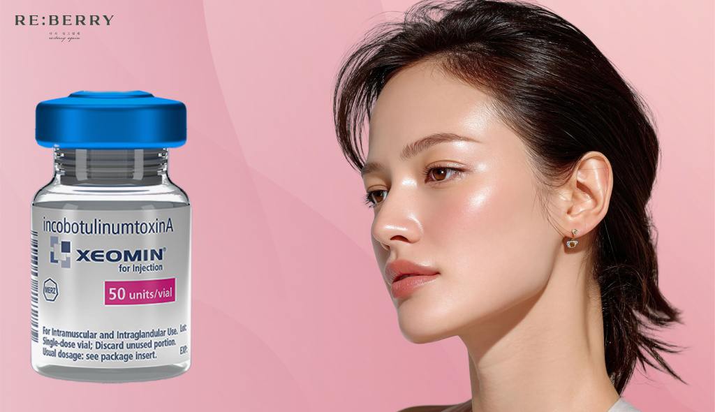 a woman with defined jawline and bottle of botulinum toxin aside