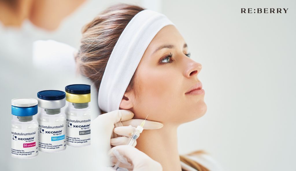 doctor injecting botox to a woman and three bottles of botulinum toxin