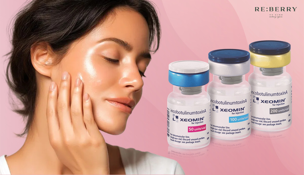 woman with glowing skin touching her cheek with fingers and three botulinum toxin bottles aside