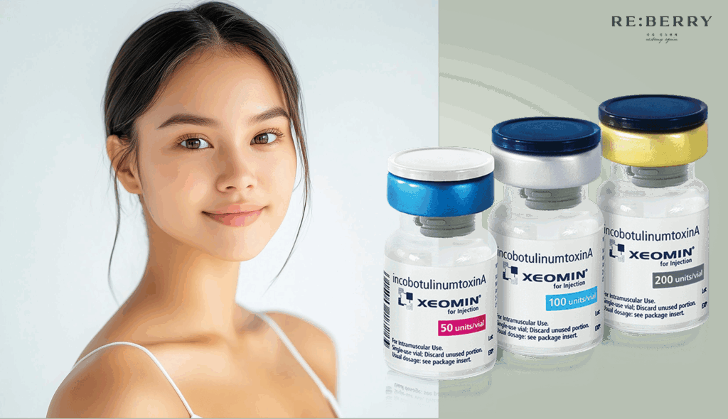 smiling girl with rejuvenated look and three bottles of botulinum toxin