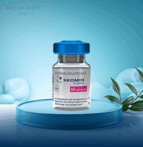 a bottle of botulinum toxin with white label on a blue circular object