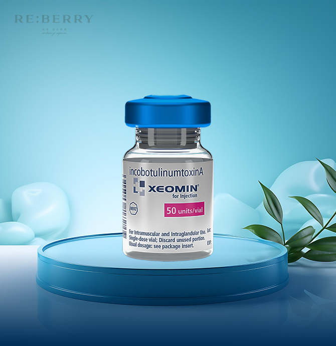 a bottle of botulinum toxin with white label on a blue circular object