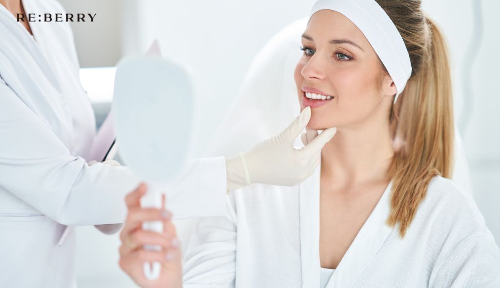 doctor in white apron with white hand gloves assessing face of woman in white dress