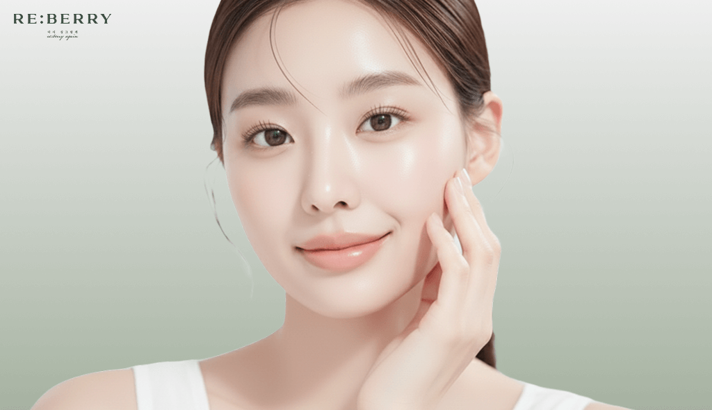 a girl with fresh skin posing with palm on cheek