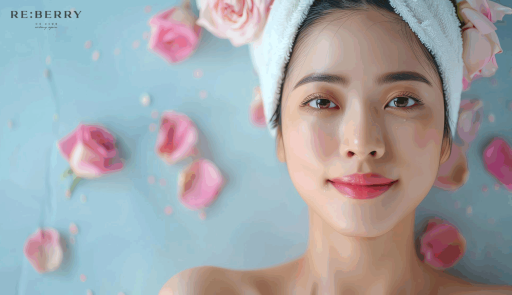 a woman lying down on a blue surface with flowers