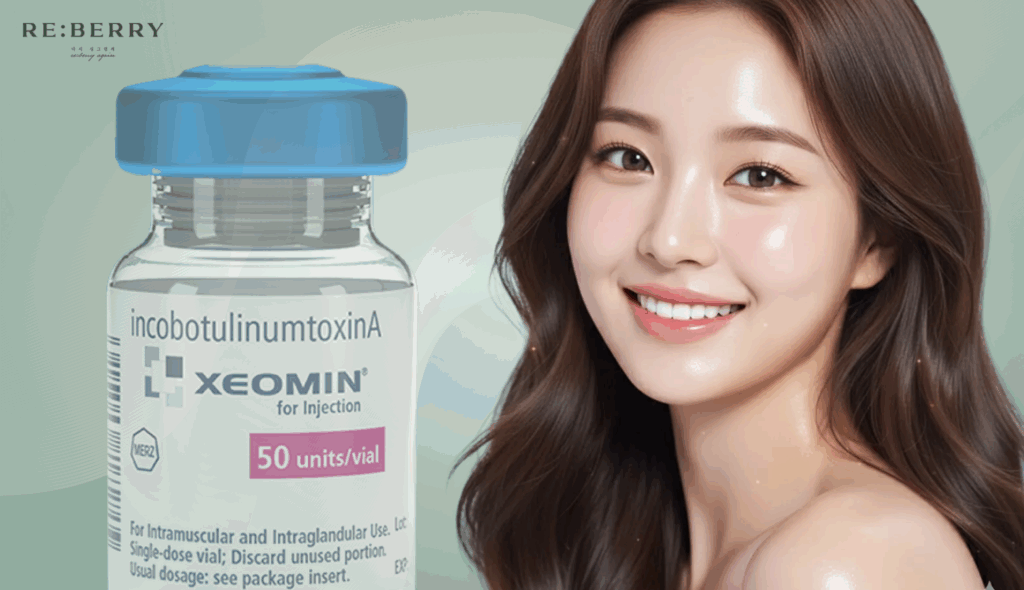 a model with fresh and firm skin and bottle of botulinum toxin aside
