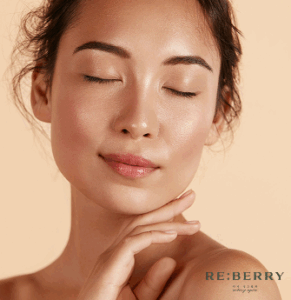 a woman with firm skin and jawline posing with closed eyes