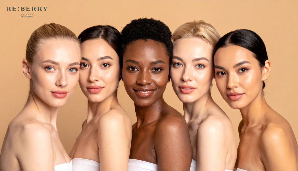 five women with different skin color standing together