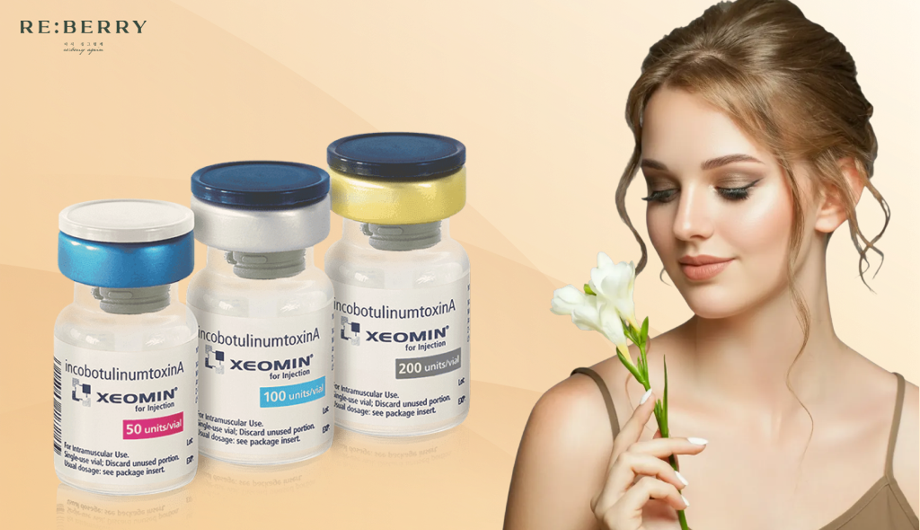 a woman with fresh natural beauty and three bottles of botulinum toxin