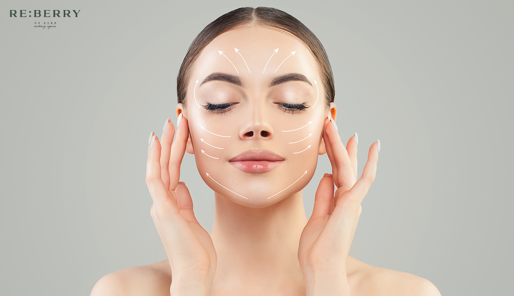 a woman with fair skin and graphical lines on face closing eyes front view