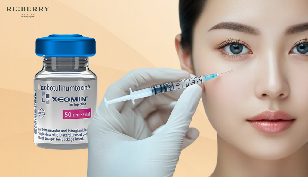 a korean woman with fair skin getting botox injection and a bottle of botulinum toxin aside