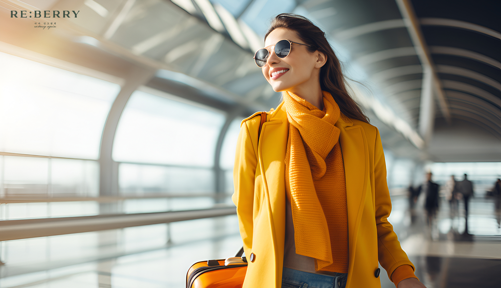 a woman in yellow dress at airport