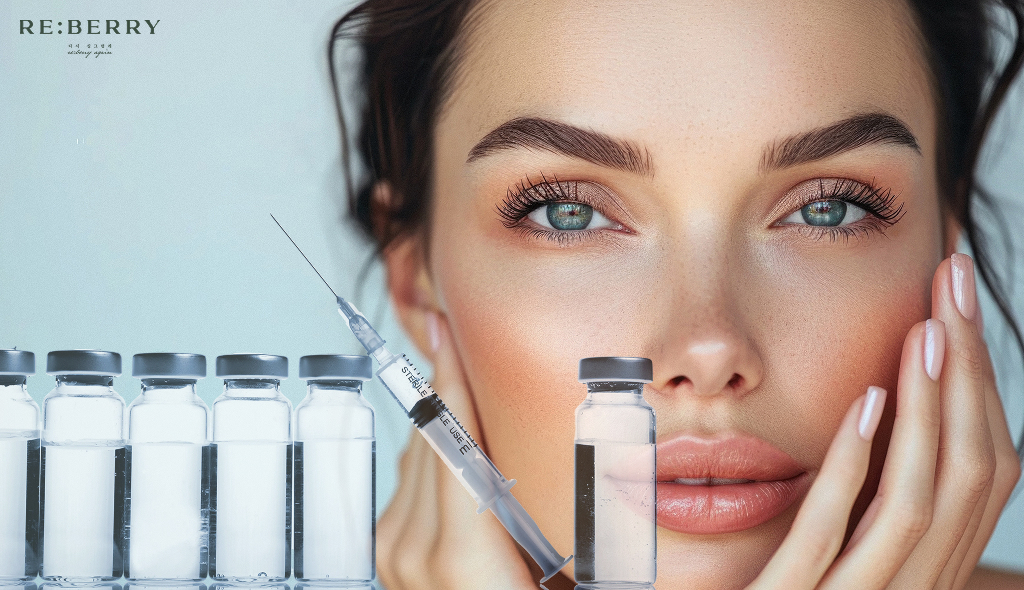 bottles of botulinum toxin with injection and face of a woman behind