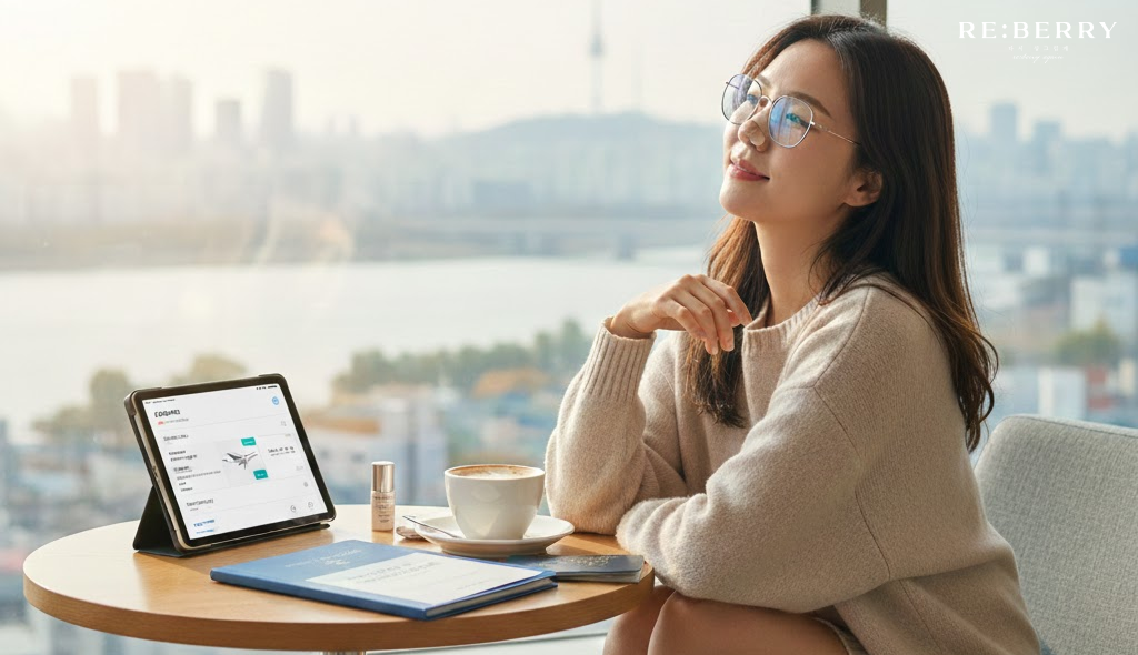 a girl sitting on chair and laptop on table and view of city outside