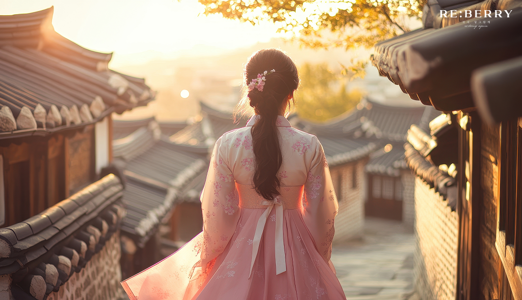 a woman in traditional korean dress on street back view
