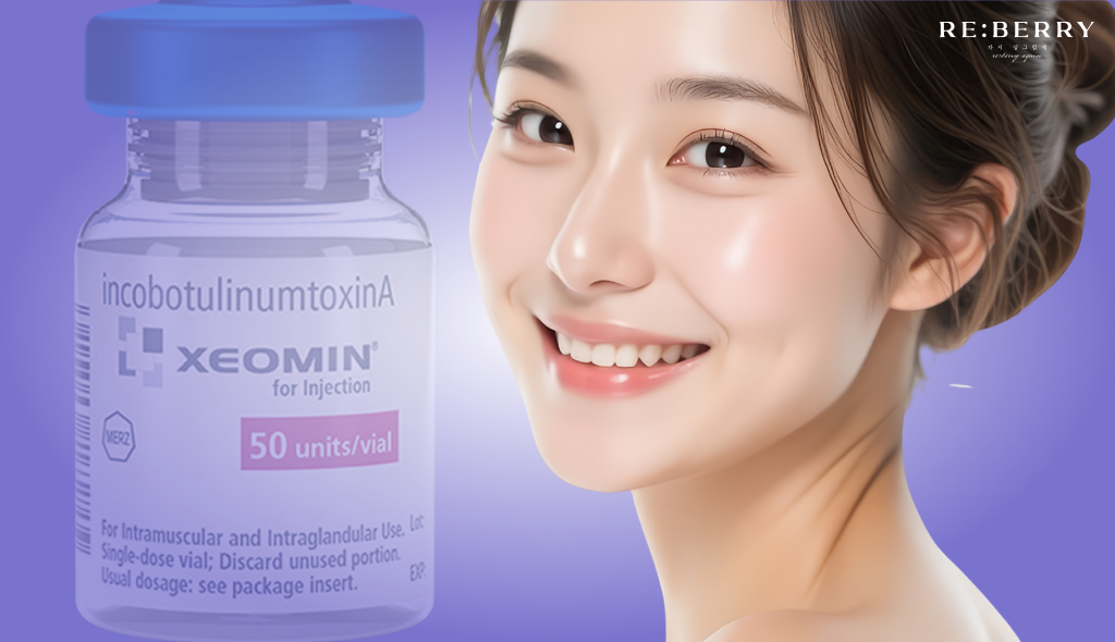 a korean girl with fresh skin and bottle of botulinum toxin in background