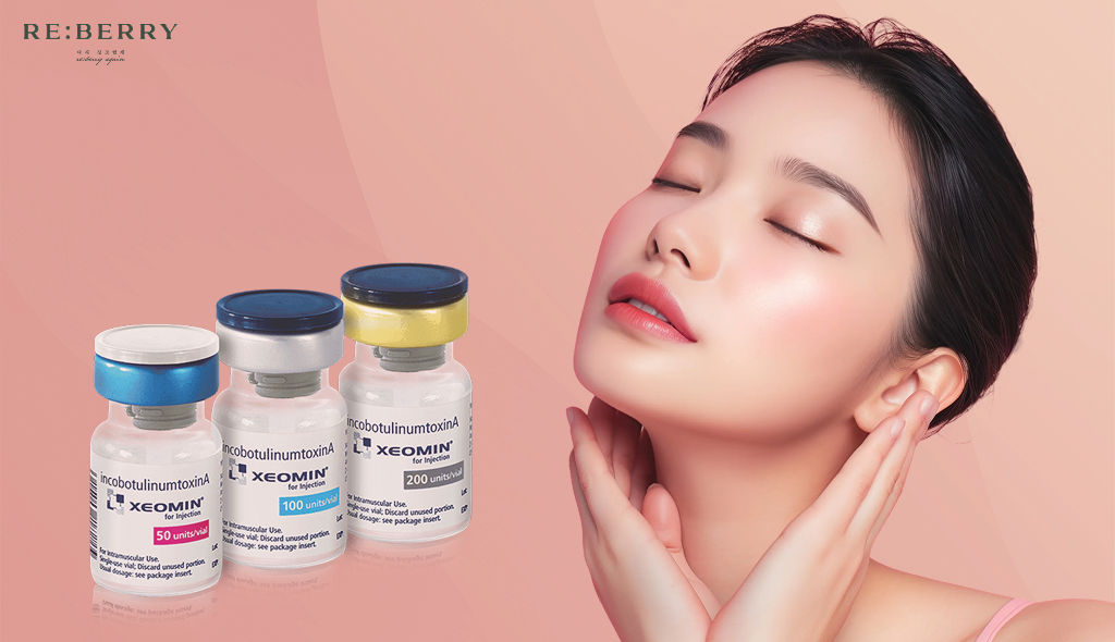 a korean girl posing with tilted head and closed eyes, and three bottles of botulinum toxin