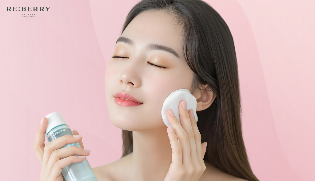 a korean girl applying skincare cream on her face