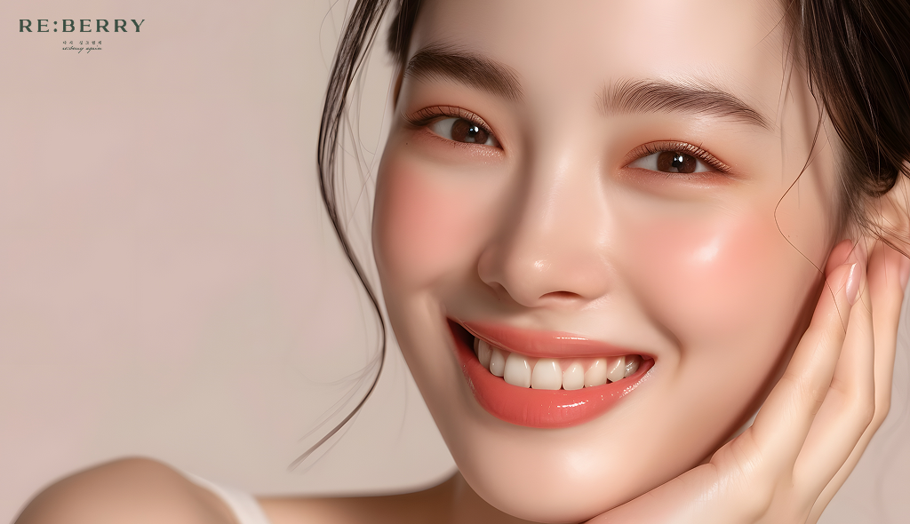 a beautiful korean girl posing with palm on cheek and a smile on face