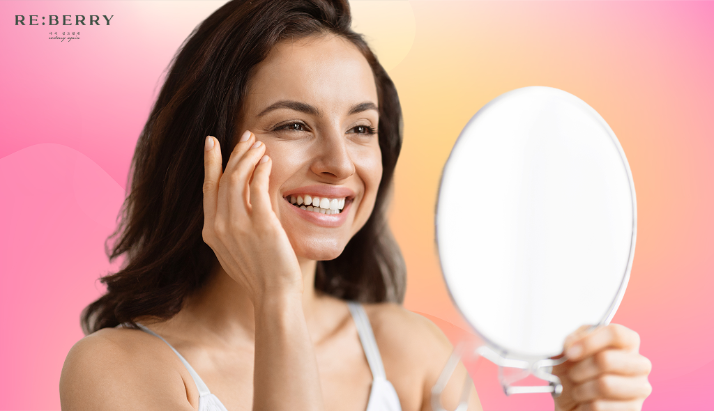 a women looking her fact in mirror after botox treatment