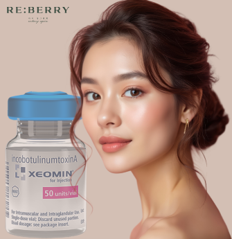 a beautiful girl with hydrated skin and bottle of botulinum toxin