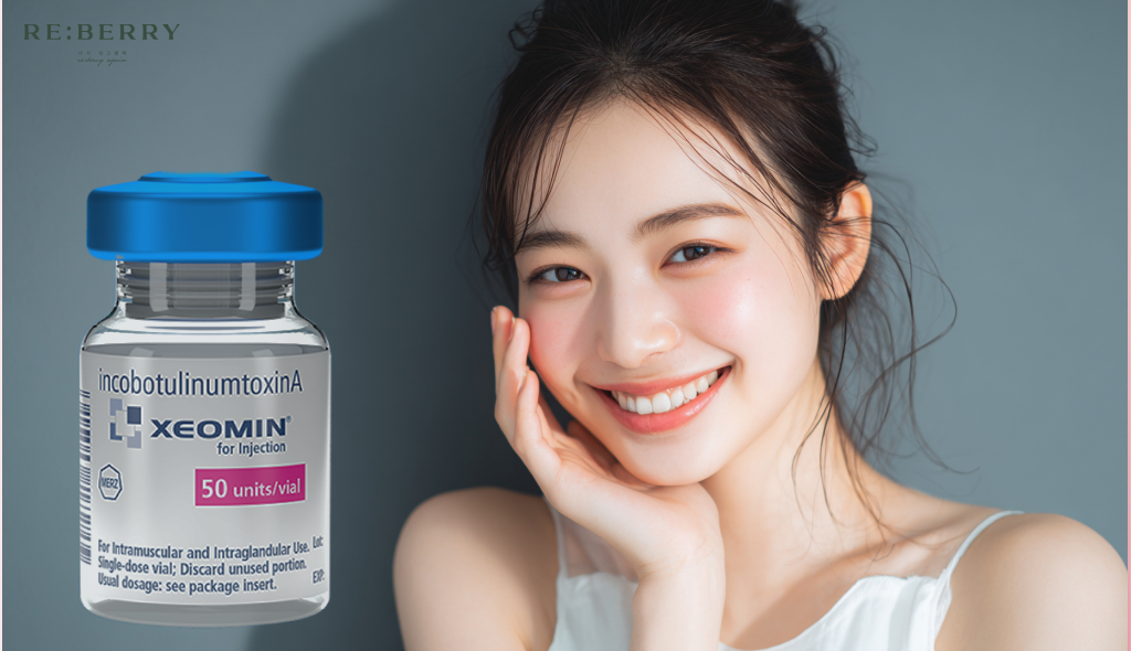 Smiling woman with smooth youthful skin next to Xeomin Botox vial 