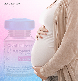 Pregnant woman holding her belly beside a botulinum toxin vial