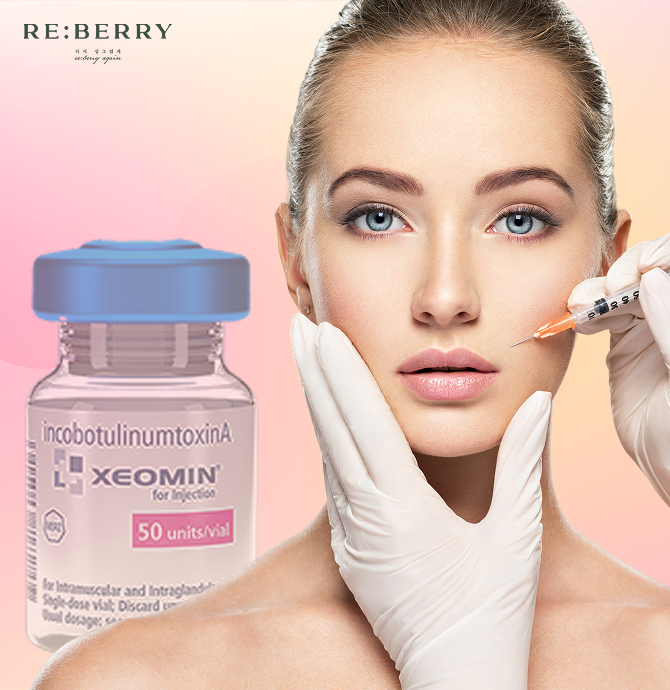 A woman receiving a Botox facial injection next to a Xeomin botulinum toxin vial