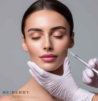 A woman receiving a botox injection on her face by a medical professional