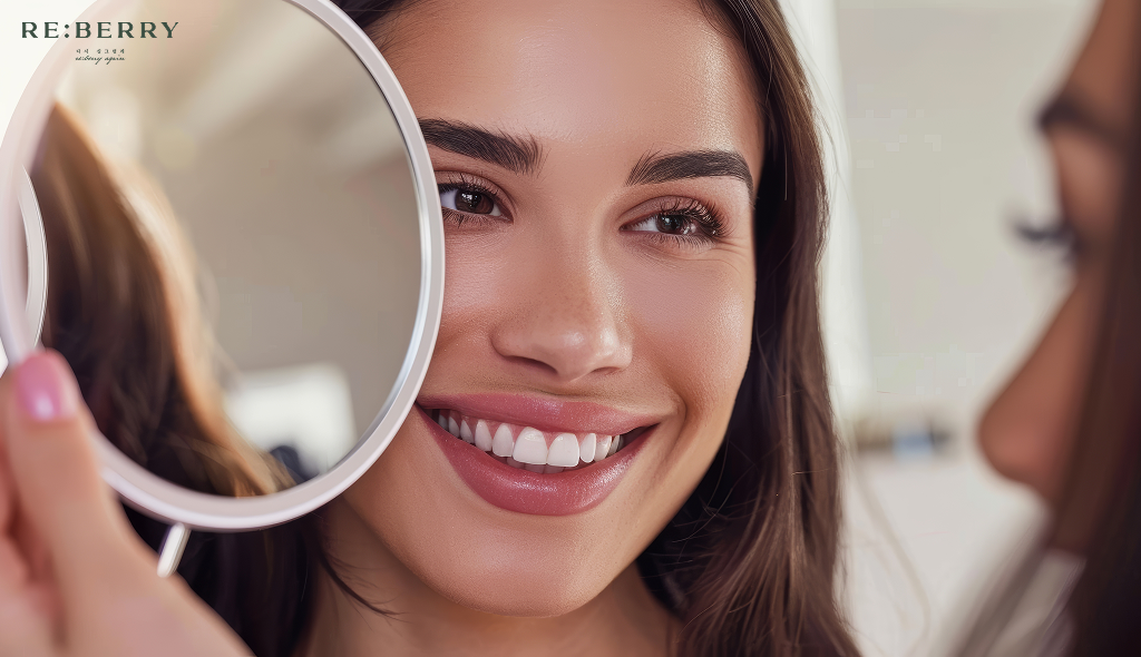 a woman with firm skin looking at the mirror