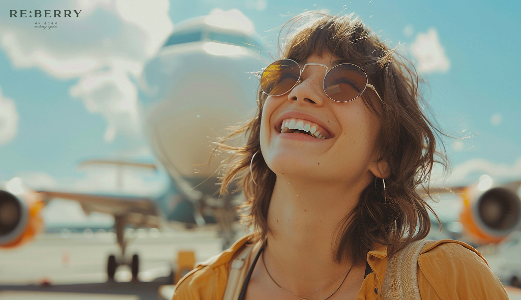 a woman smiling in front of an aeroplane