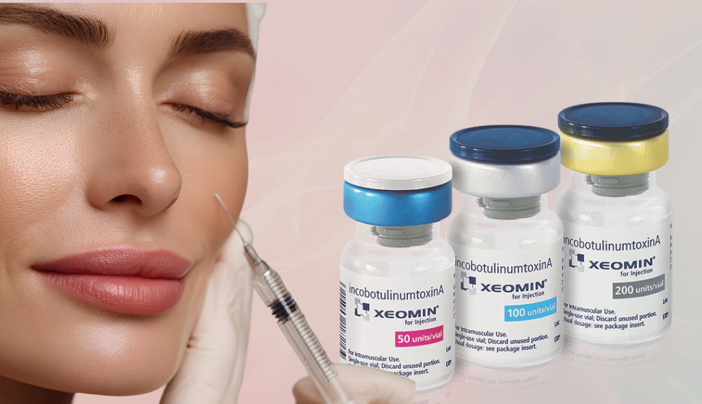 a woman with firm skin and three bottles of botox injection