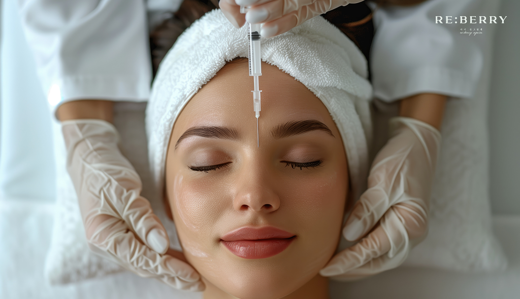 a woman laying down and getting aesthetic care