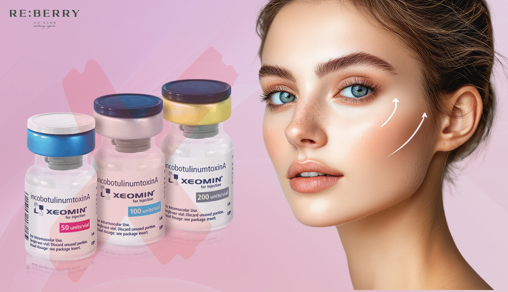 a woman with graphical lines on face and three bottles of botulinum toxin