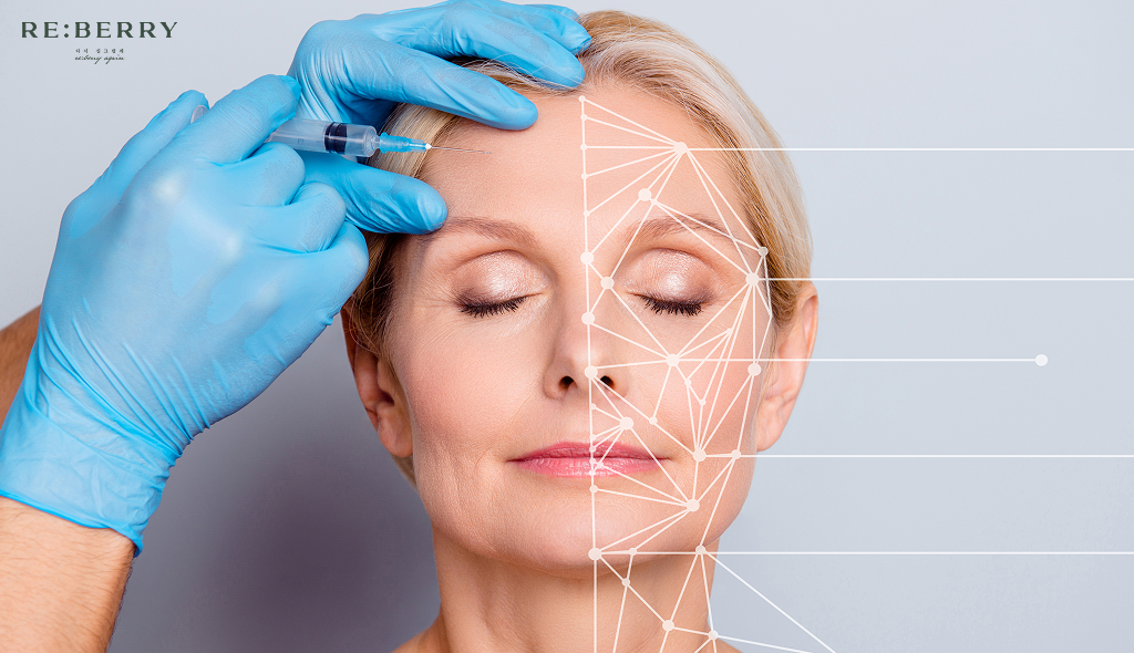 a dermatologist with blue gloves providing botox injection to a women in her 50s