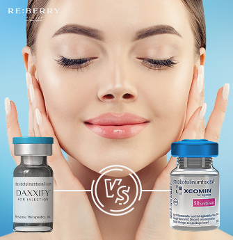 a girl showing glowing face beside botox and daxxify vials